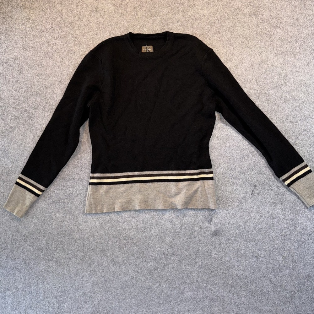 Calvin Klein Wool Crewneck Sweater Medium Black Striped 100% Wool Minimalist